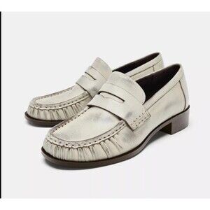 Zara Ruffled Leather Penny Loafers White Worn Effect Size 8 US / 39 EUR NEW